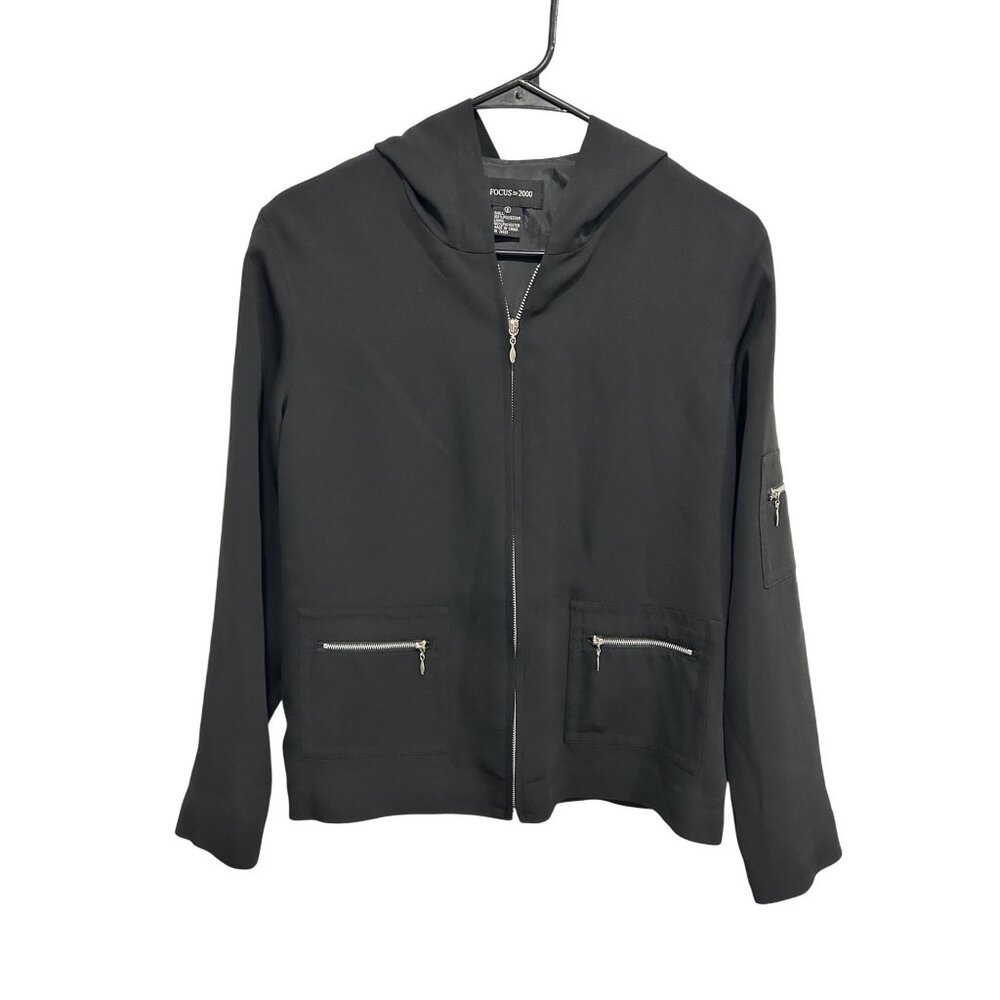 Focus 2000 Jacket Black Zip Up Hooded Front Sleeve Pockets Size 8 Gorpcore
